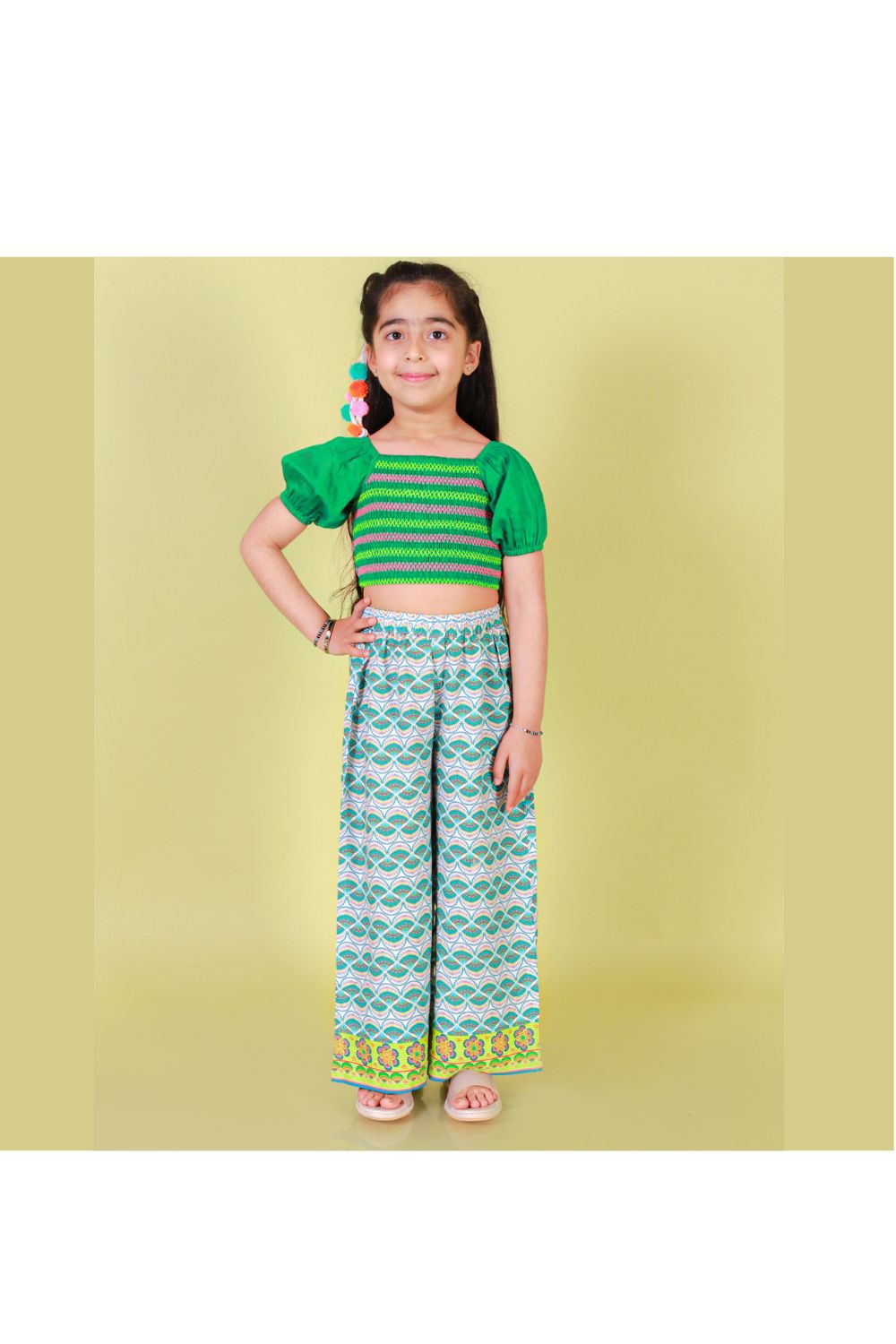 Green Printed Polyester Top With Palazzo Set