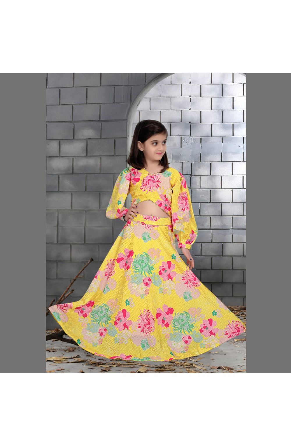 Yellow Floral Printed And Sequins Detailing Chinon Top With Lehenga Set