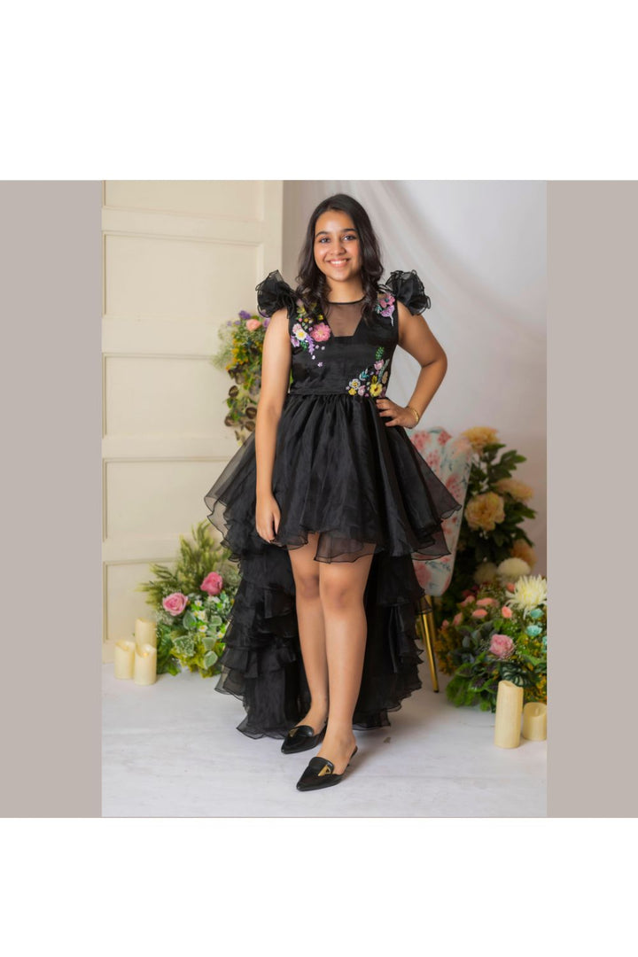 Black Flower Embellished High Low Dress