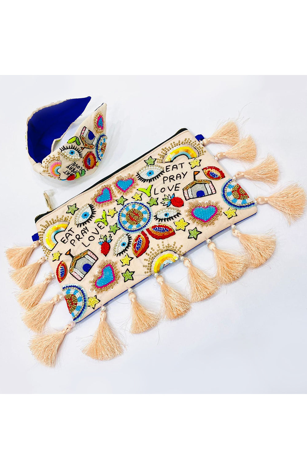Eat Pray Love Beads Embroidered Sling Bag With Hairband