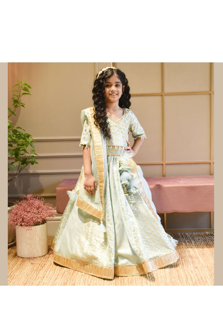 Blue Embroidered Chanderi Top With Lehenga Set