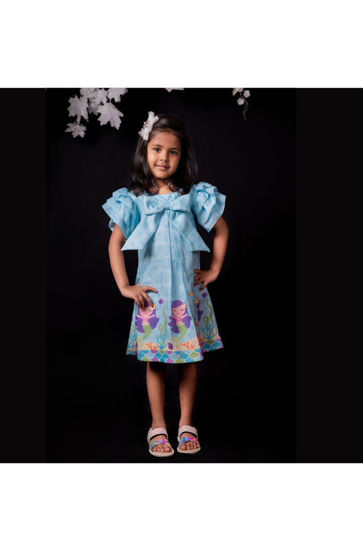Blue Mermaid Printed Bow Satin Dress