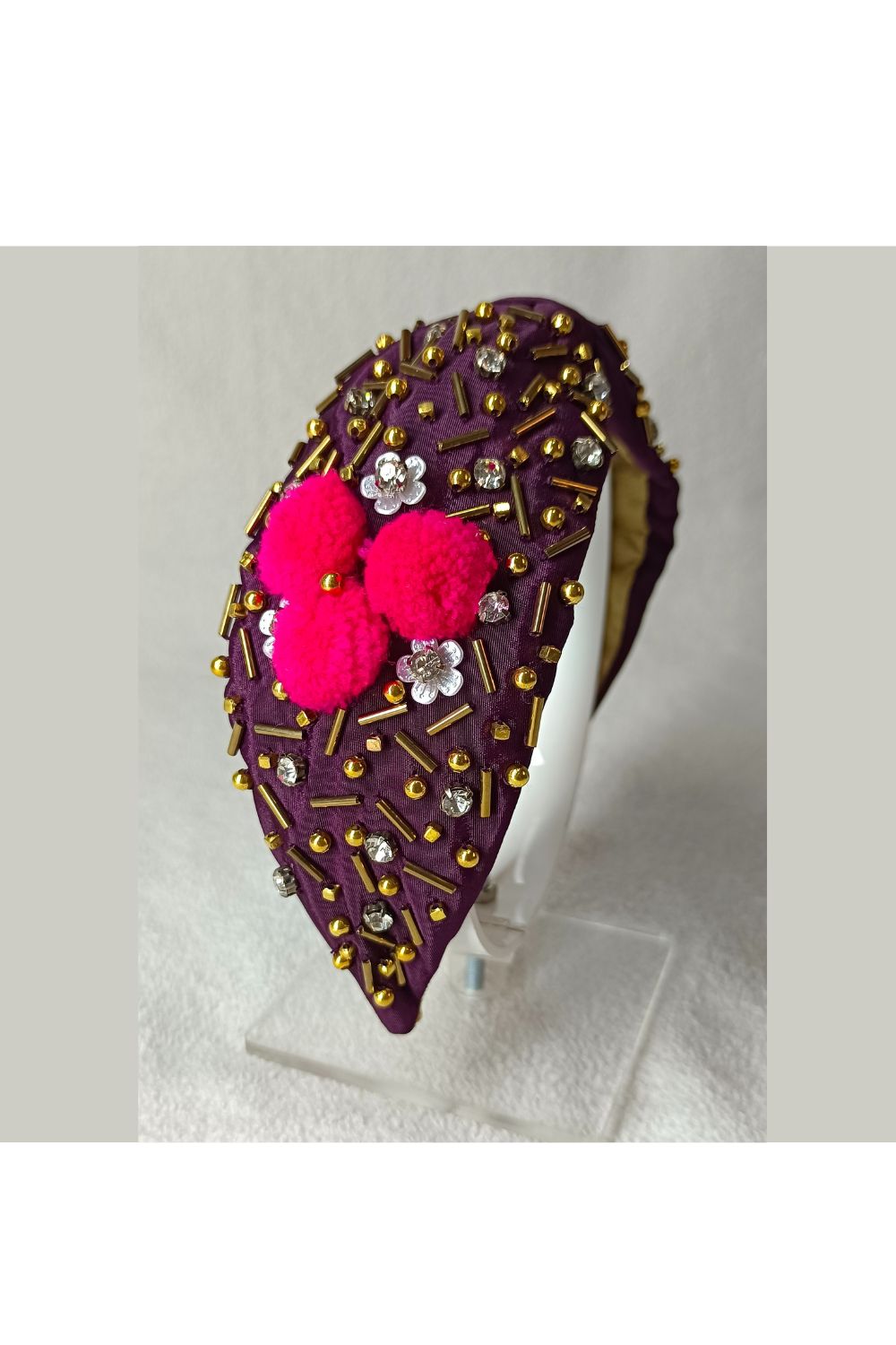 Wine Pom Pom Detailing Crepe Hairband