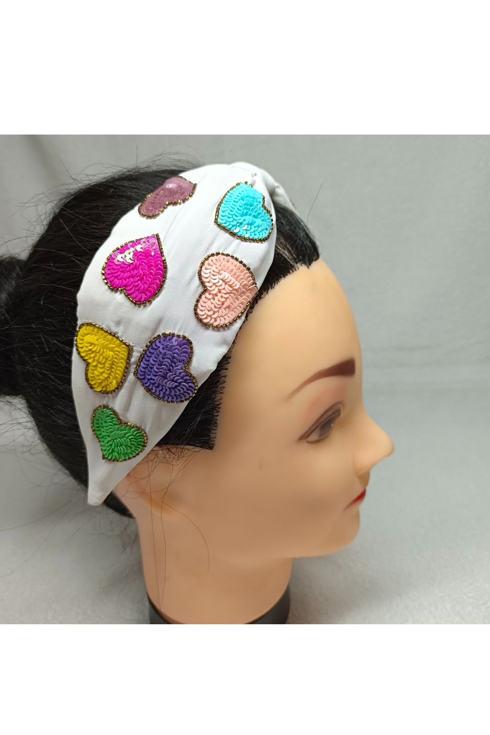 White Beads Embroidered Heart Hairband