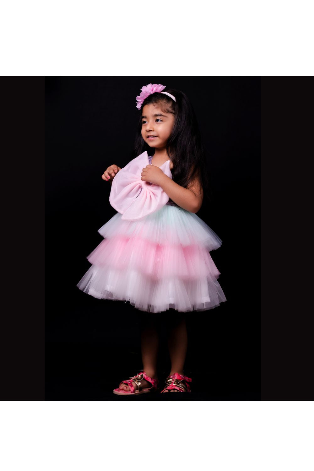 Multicolor Bow Detailing One Shoulder Net Frill Dress
