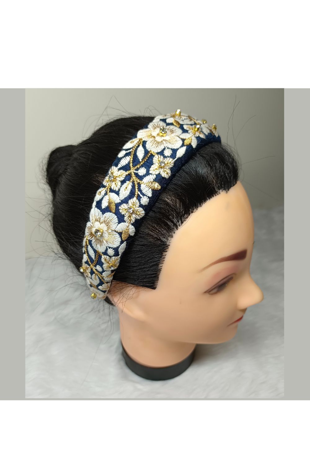 Navy Blue Embroidered Dupion Hairband