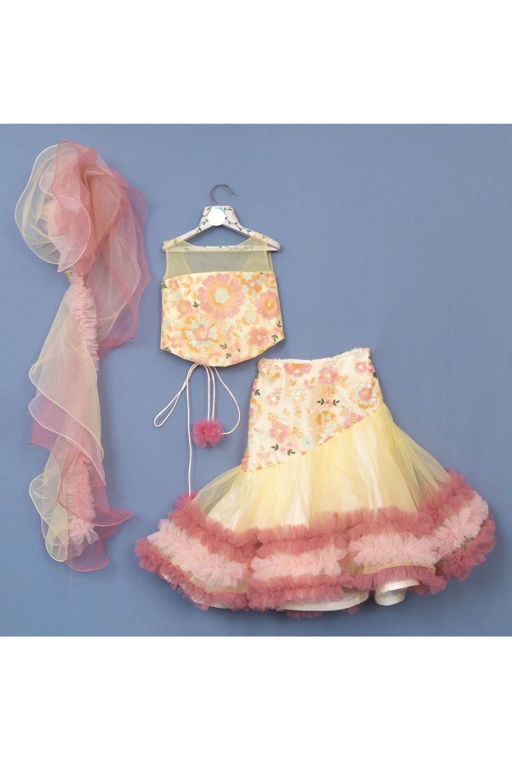 Yellow Sequins Floral Embroidered Net Top With Frill Lehenga Set