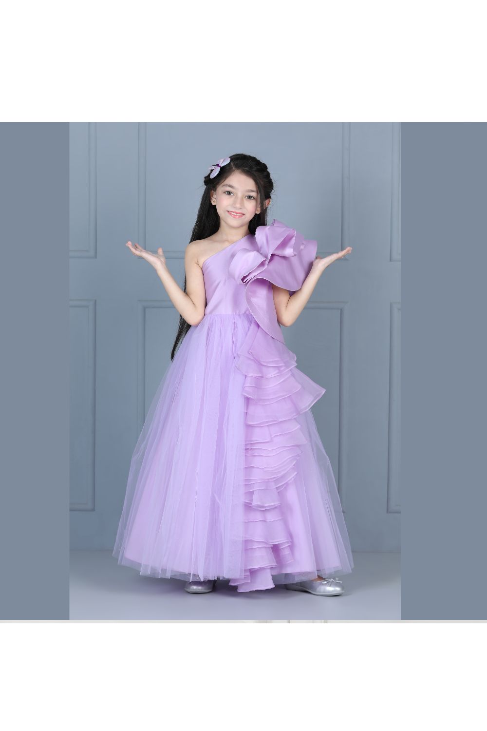 Lilac One Shoulder Ruffle Net Gown