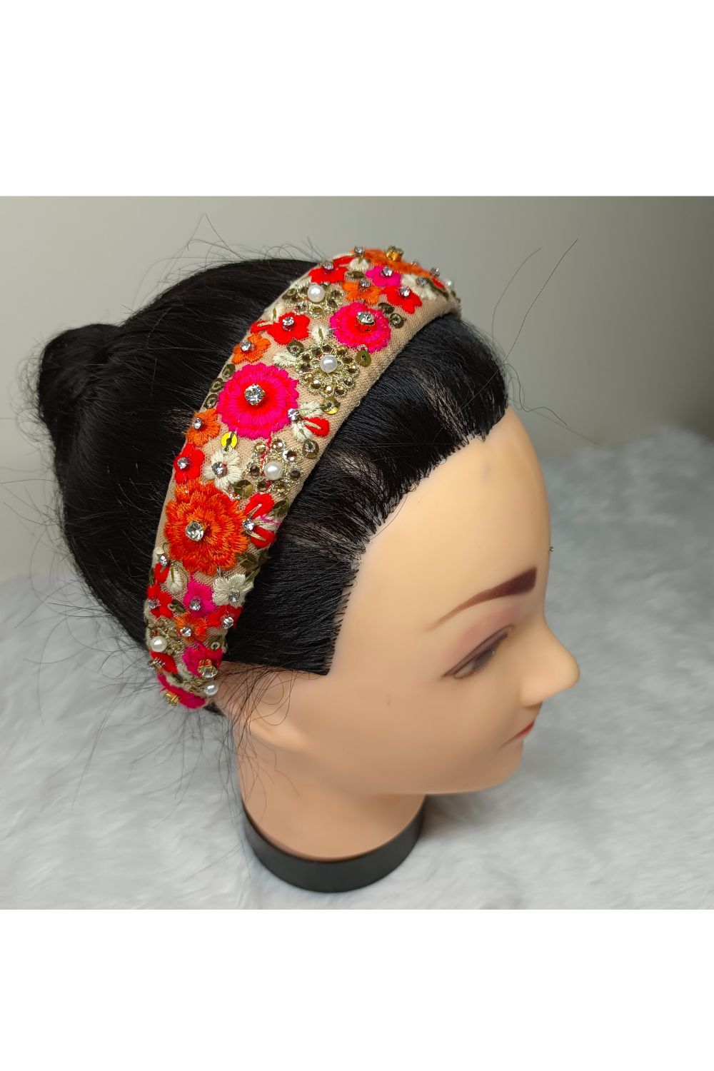 Beige Floral Embroidered Net Hairband