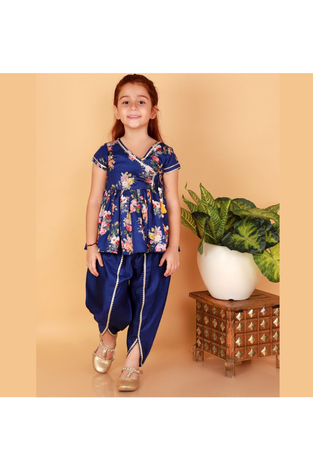 Blue Floral Printed Peplum Style Top With Dhoti Set