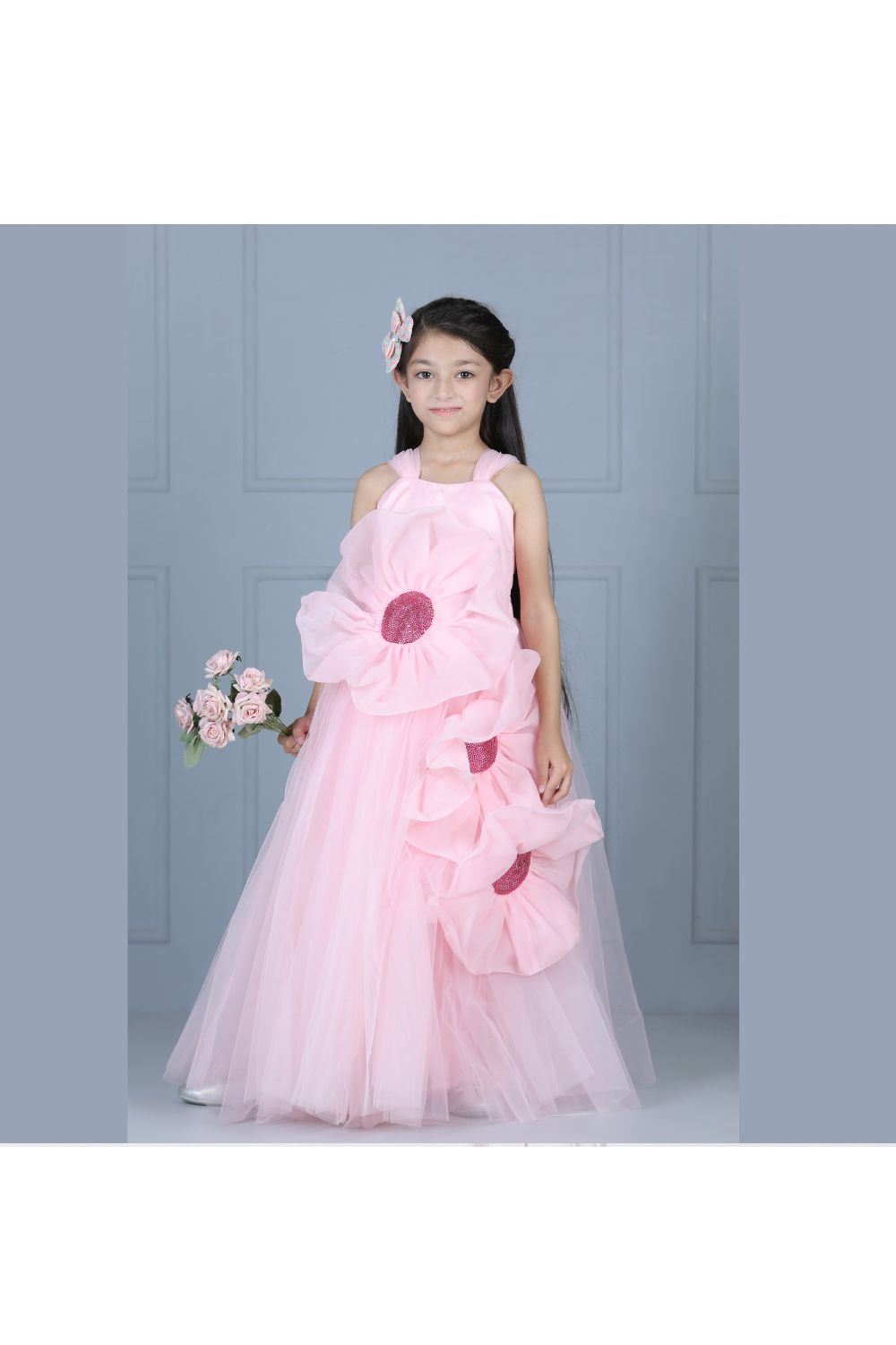 Pink Bead Embroidered Flower Detailing Net Gown