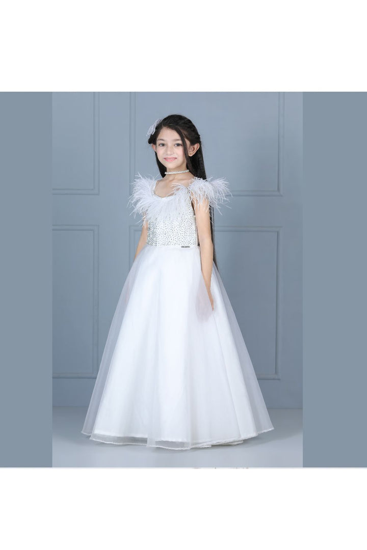 White Pearl And Feather Detailing Net Gown