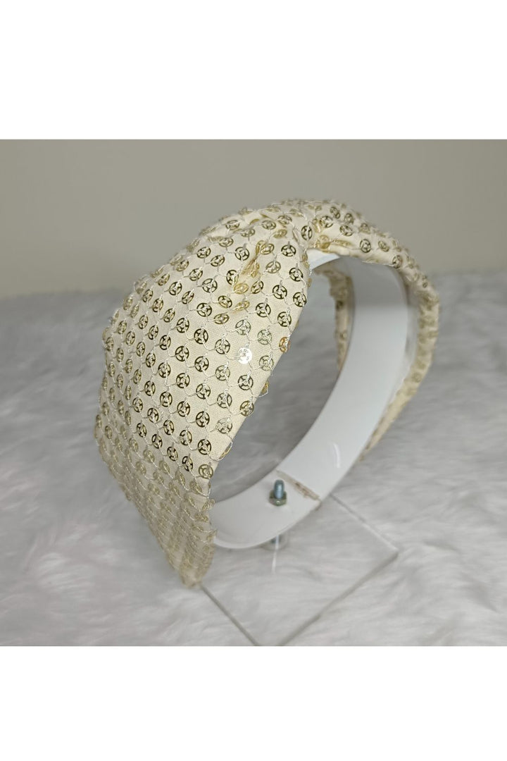 Off White Embroidered Cotton hairband