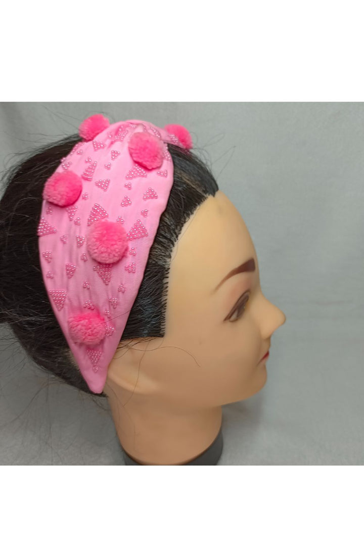 Pink Pom Pom And Beads Detailing Crepe Hairband