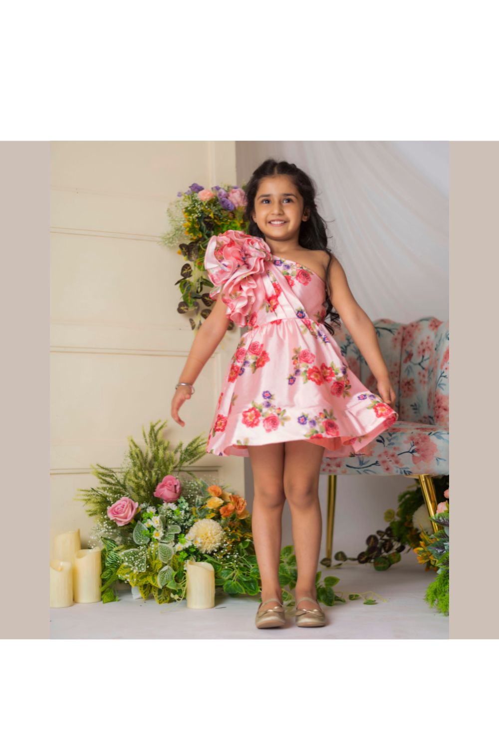 Peach Rose Printed One Shoulder Dress
