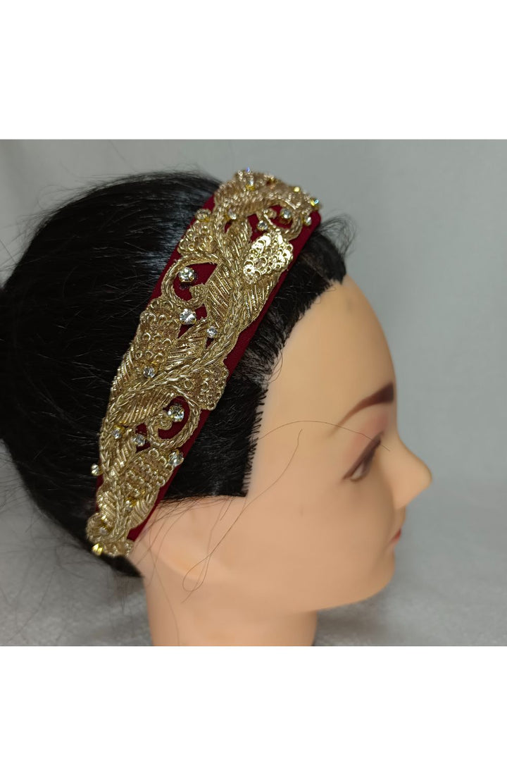 Maroon And Golden Embroidered Georgette Hairband