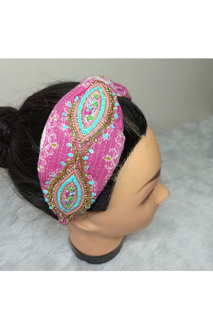 Pink Beads And Pearls Detailing Cotton Hairband