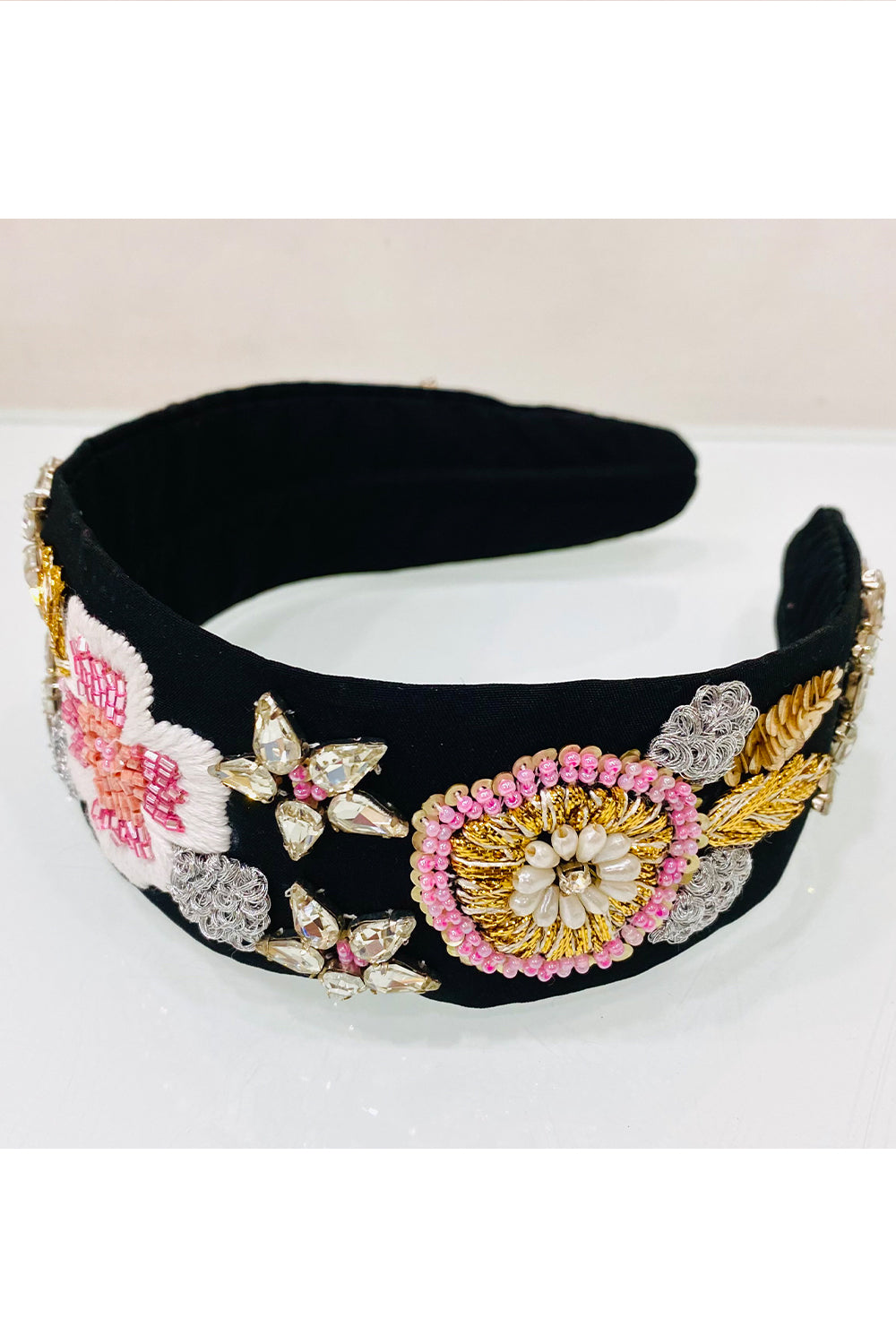 Black Sequins Embroidered Pure Crepe Hairband