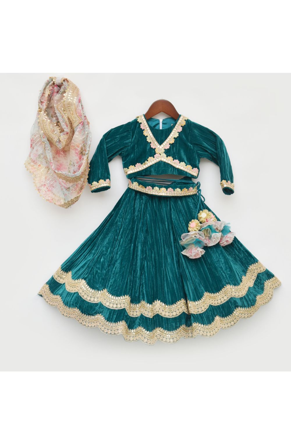 Green Crinkle Velvet Embroidered Top With Lehenga Set