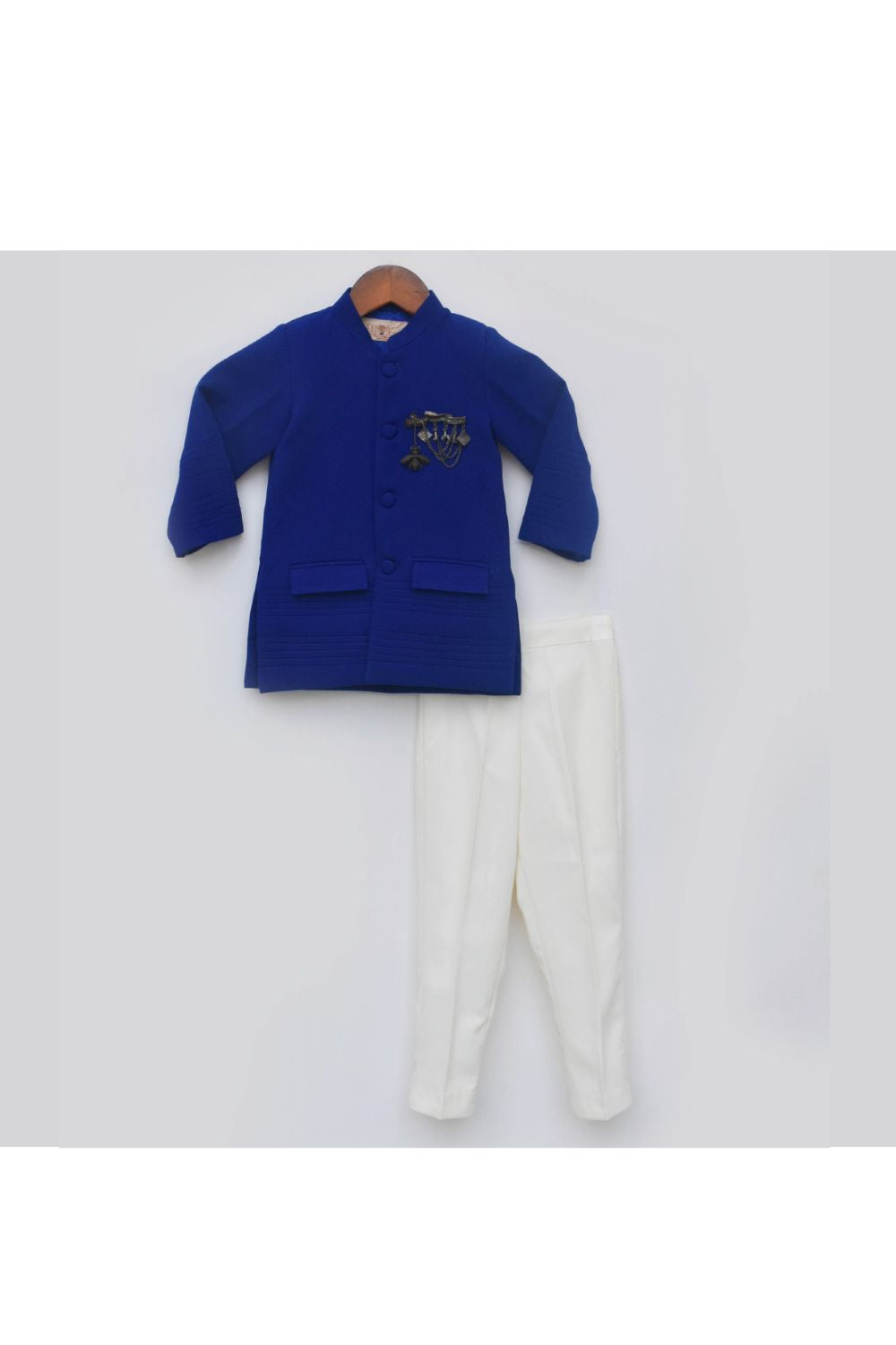Blue Full Sleeves Bandgala With White pant Set