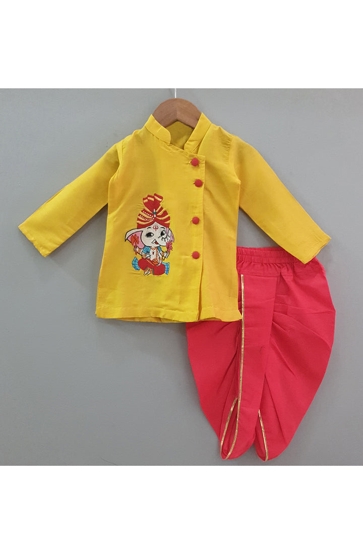 Yellow ganesha embroidery patch kurta with dhoti