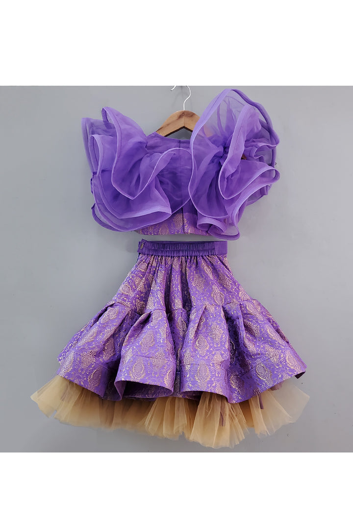 Purple Frill Top With Printed Lehenga Set