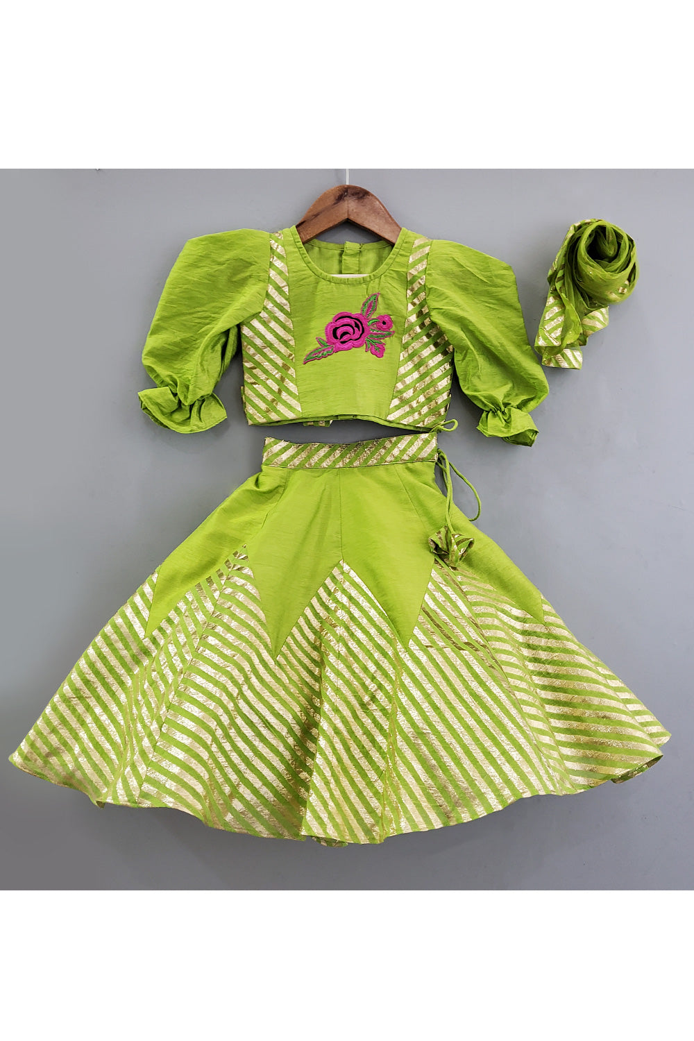 Green Rose Embroidered Top With Embroidered Lehenga And Dupatta Set