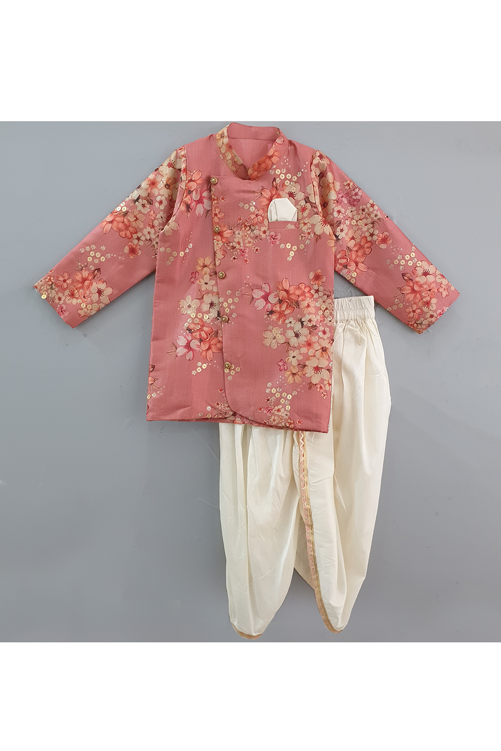 Light wine floral printed sherwani with dhoti