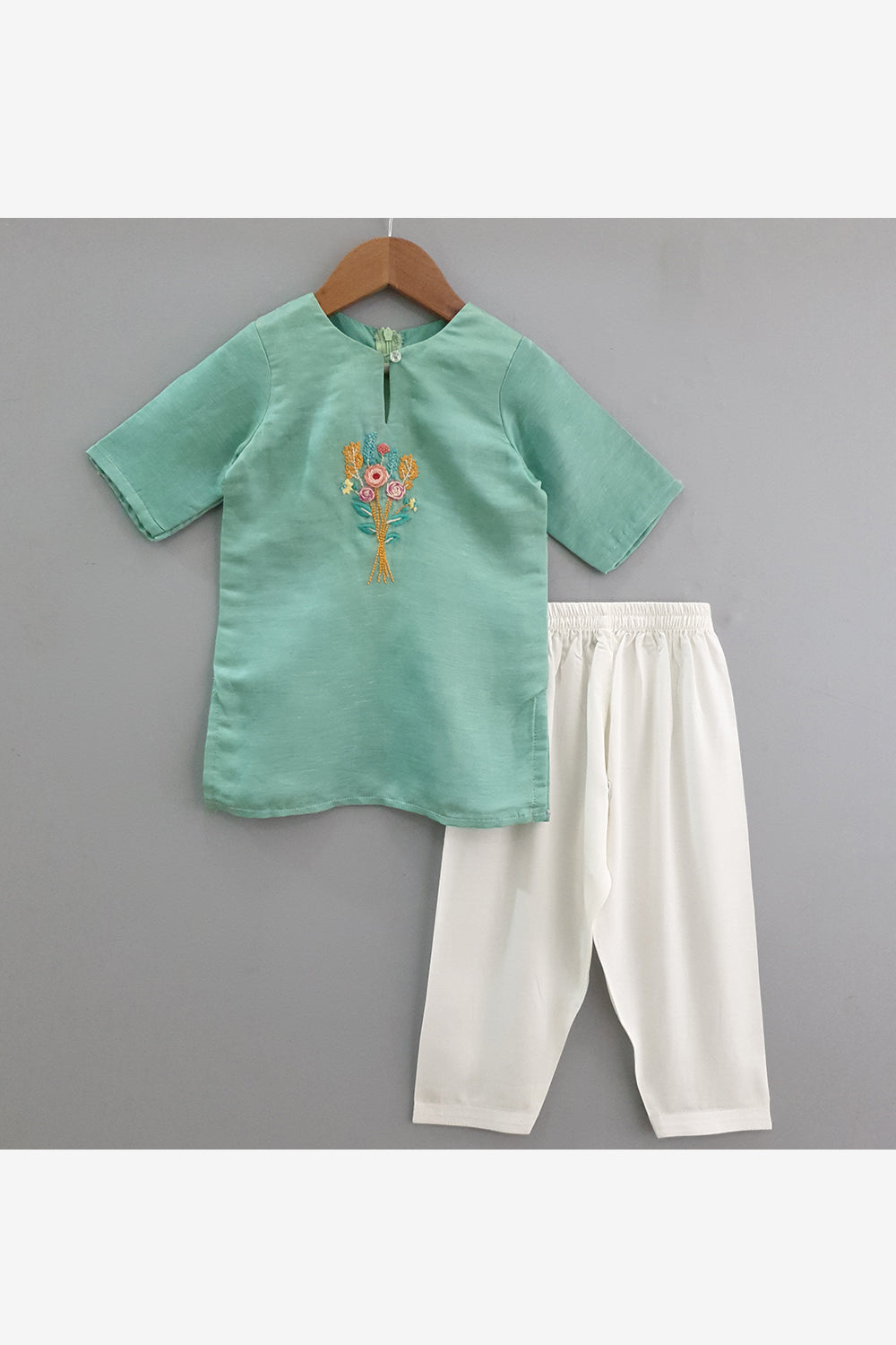 Green hand embroidered kurti and straight salwar