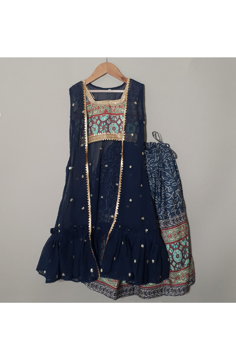 Dark Blue Printed Lace Detailing Sleeveless Top With Lehenga And Shrug Set
