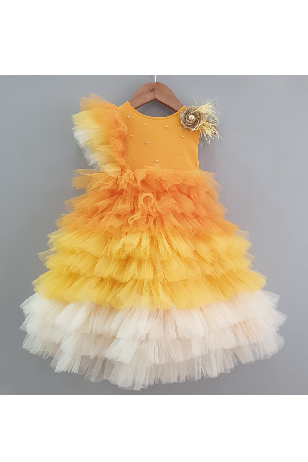 Mustard yellow pearl embellished frill gown