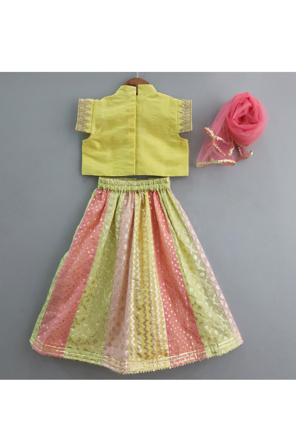 Yellow Lace Detailing Top With Multicolor Lehenga Set