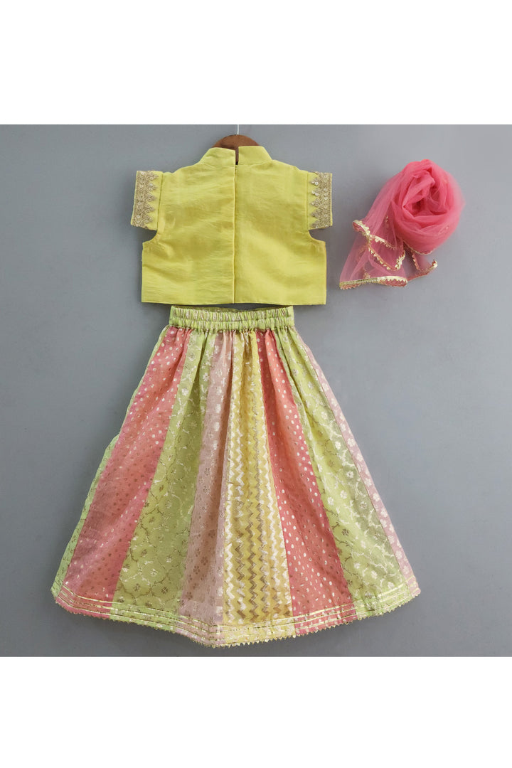 Yellow Lace Detailing Top With Multicolor Lehenga Set
