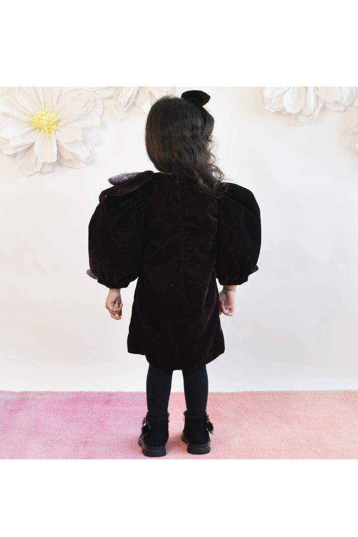Brown Leaf Detailing Velvet Dress