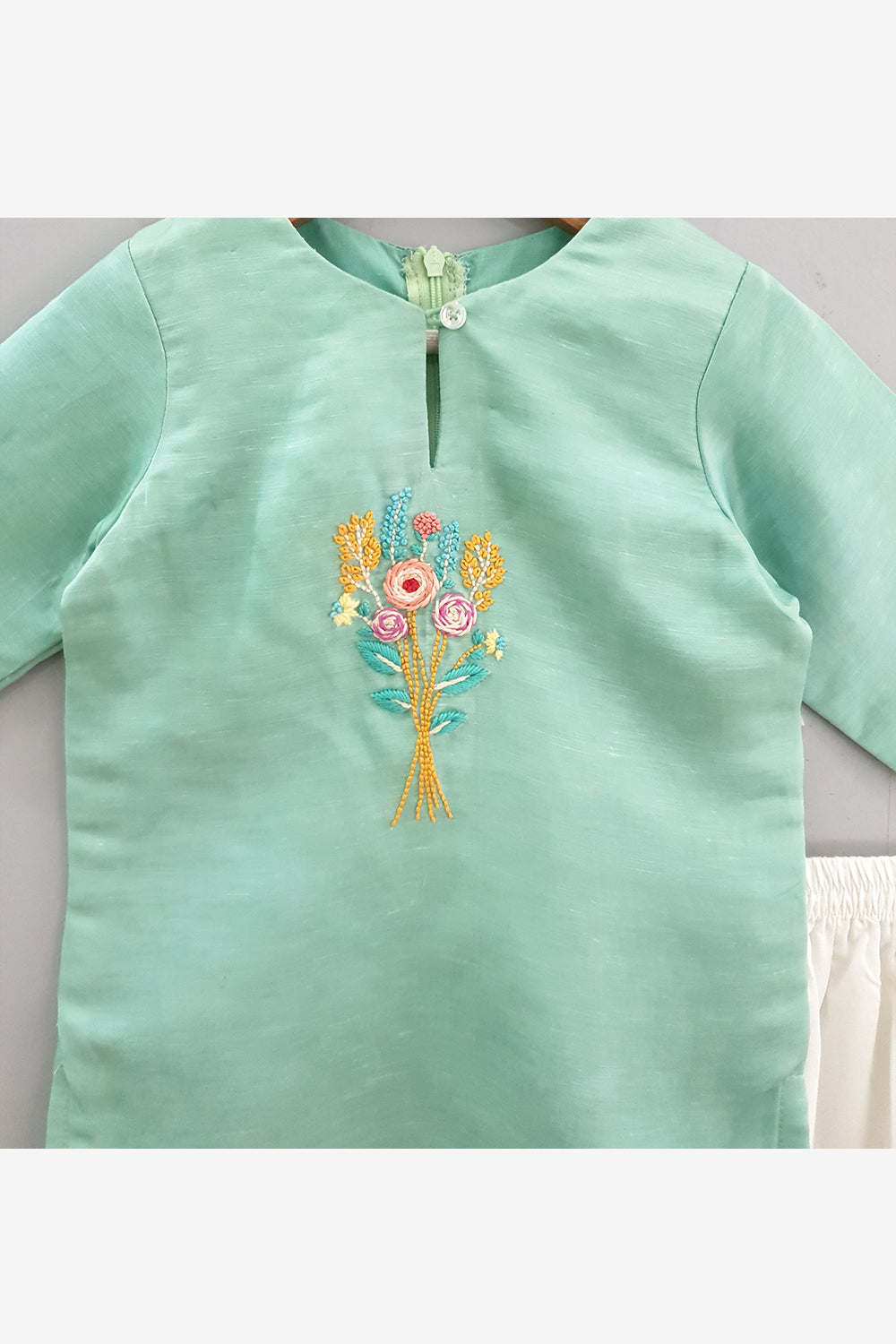 Green hand embroidered kurti and straight salwar