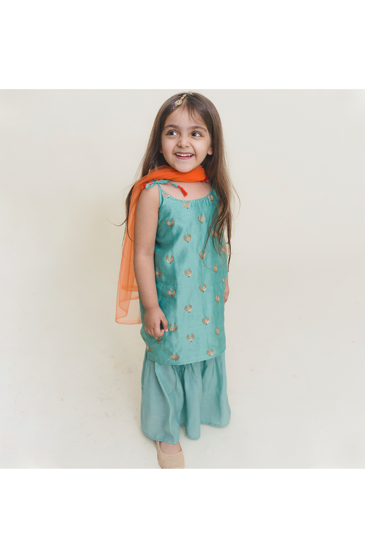 Aqua blue knotted kurta sharara set