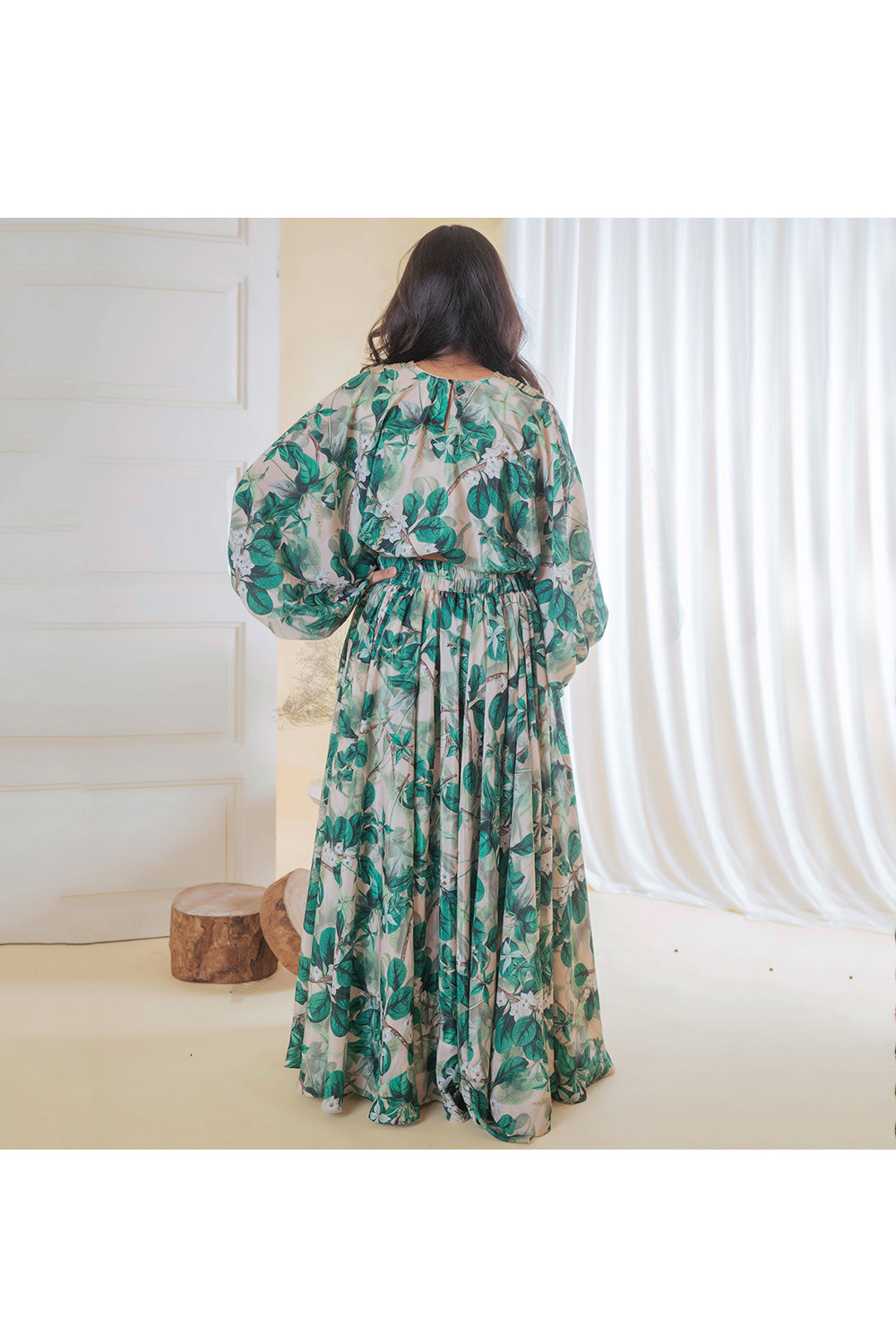Green Leaf Printed Top With Lehenga Set