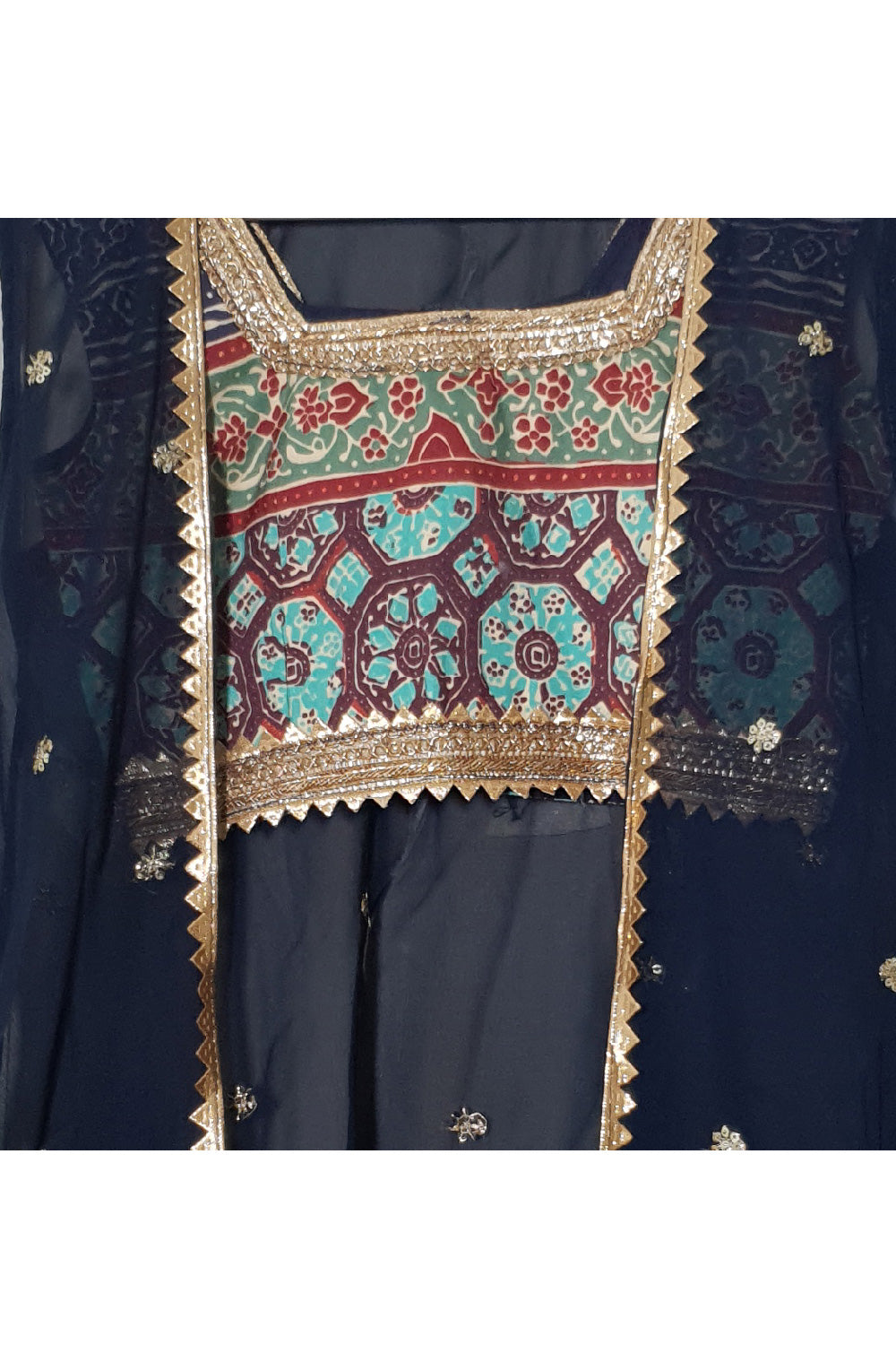 Dark Blue Printed Lace Detailing Sleeveless Top With Lehenga And Shrug Set