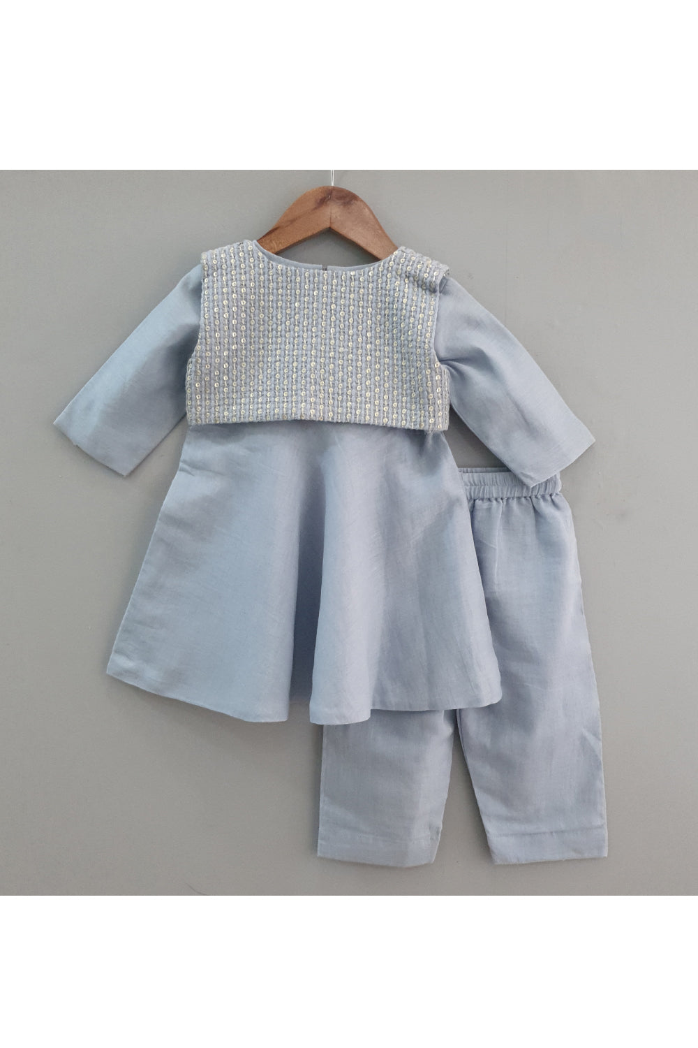 Powder blue anarkali and sequin embroidered jacket with pants