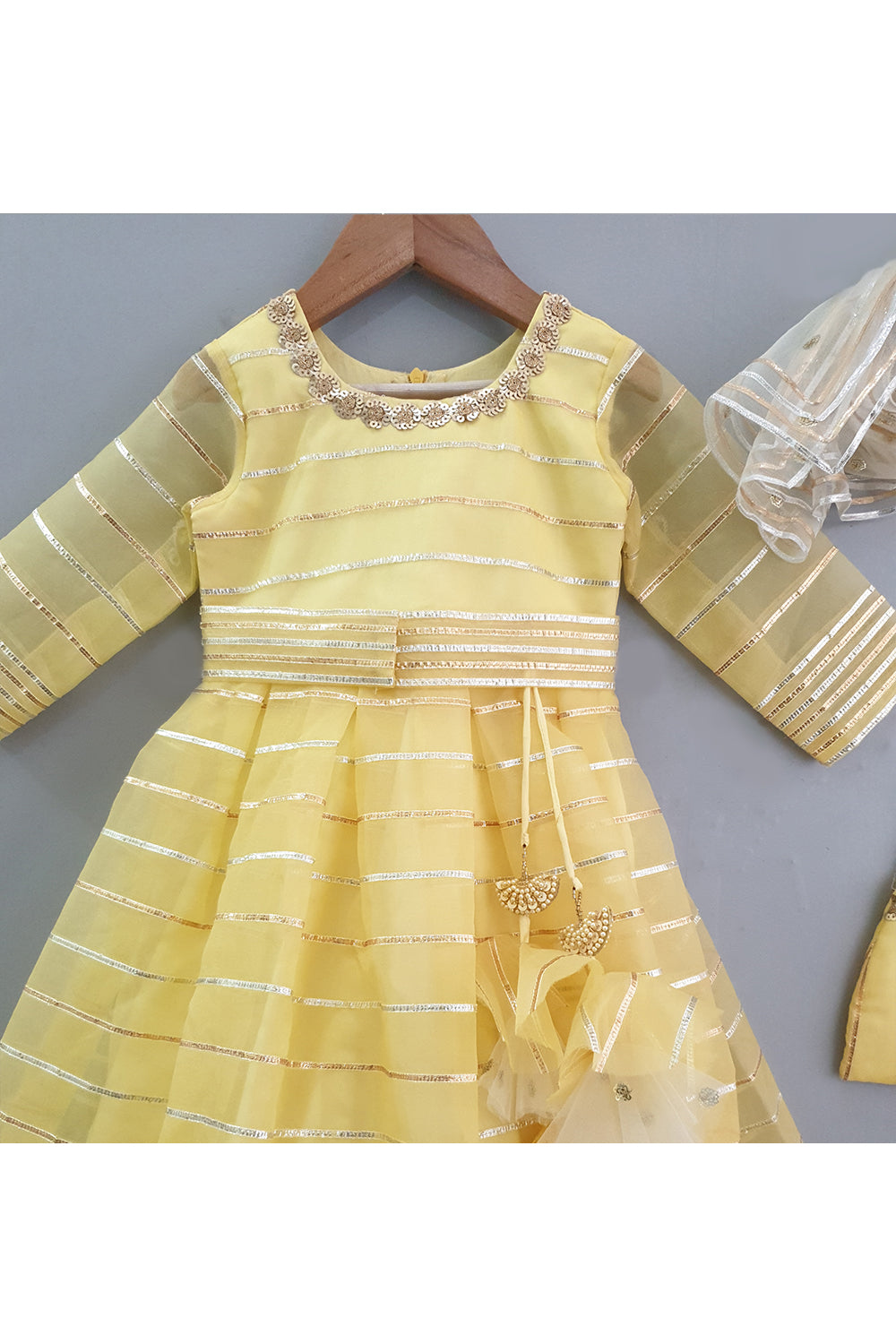 Yellow sequins and lace work anarkali with dupatta