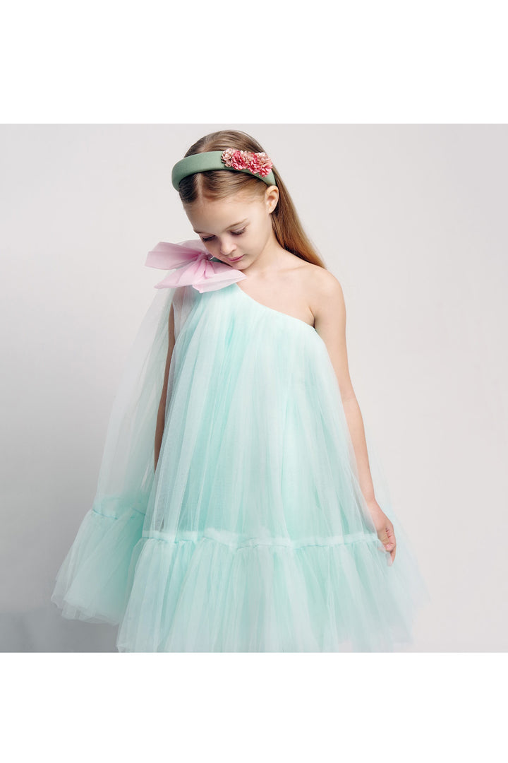 Aqua Blue One Shoulder Bow Dress