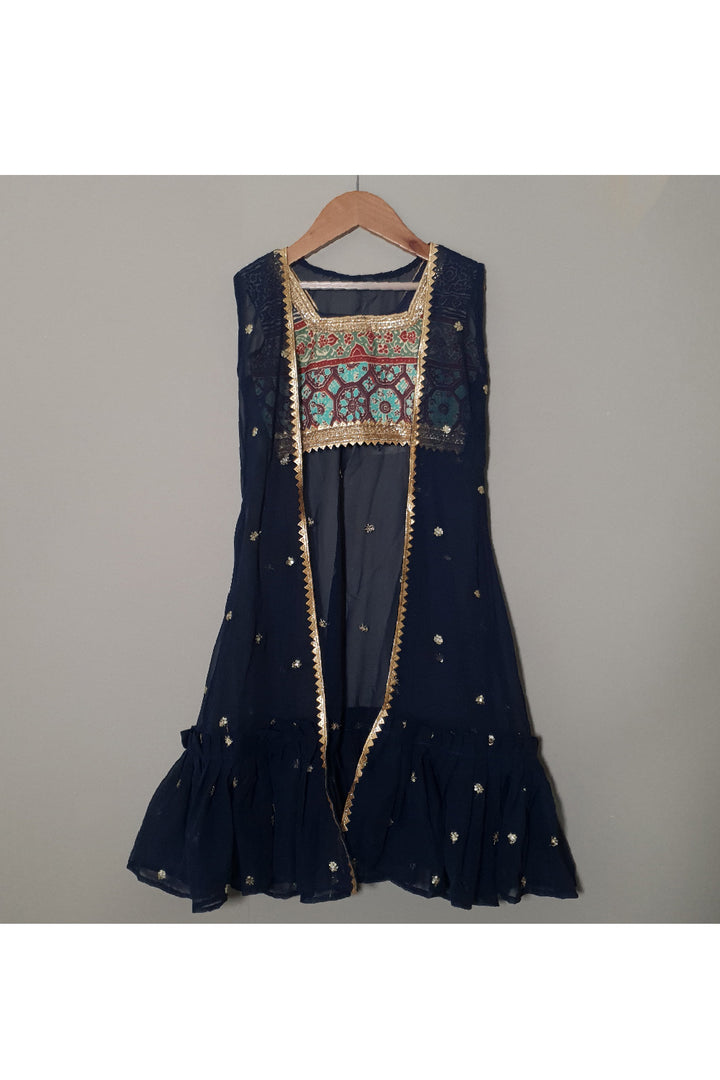 Dark Blue Printed Lace Detailing Sleeveless Top With Lehenga And Shrug Set