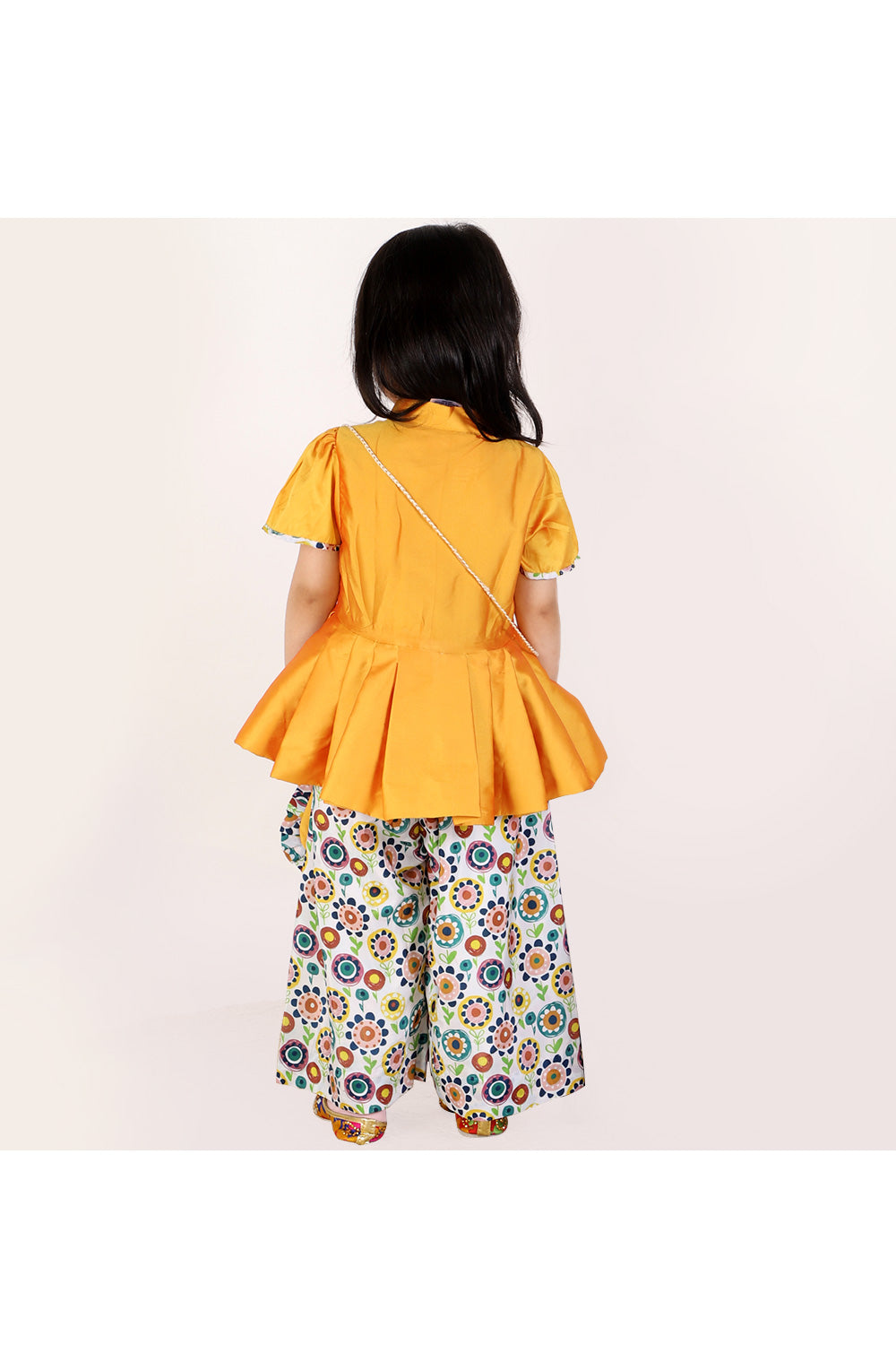 Yellow High Low Peplum Style Top And Printed Pant Set With Sling Bag