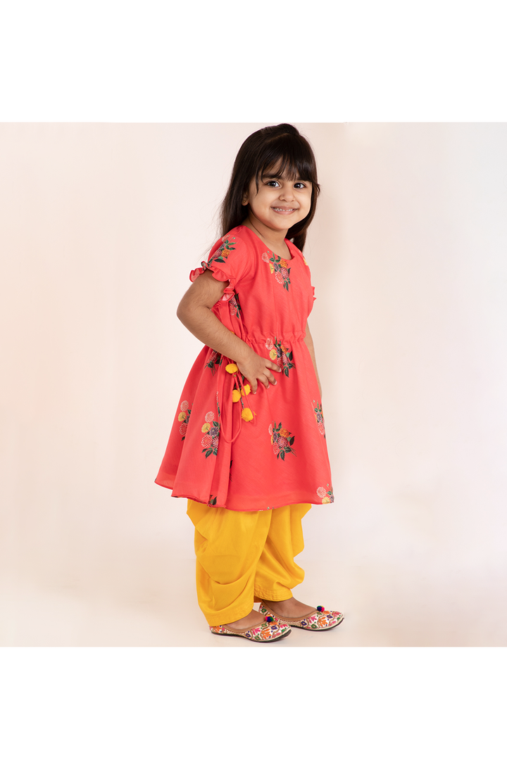 Peach printed kurti and yellow patiala set