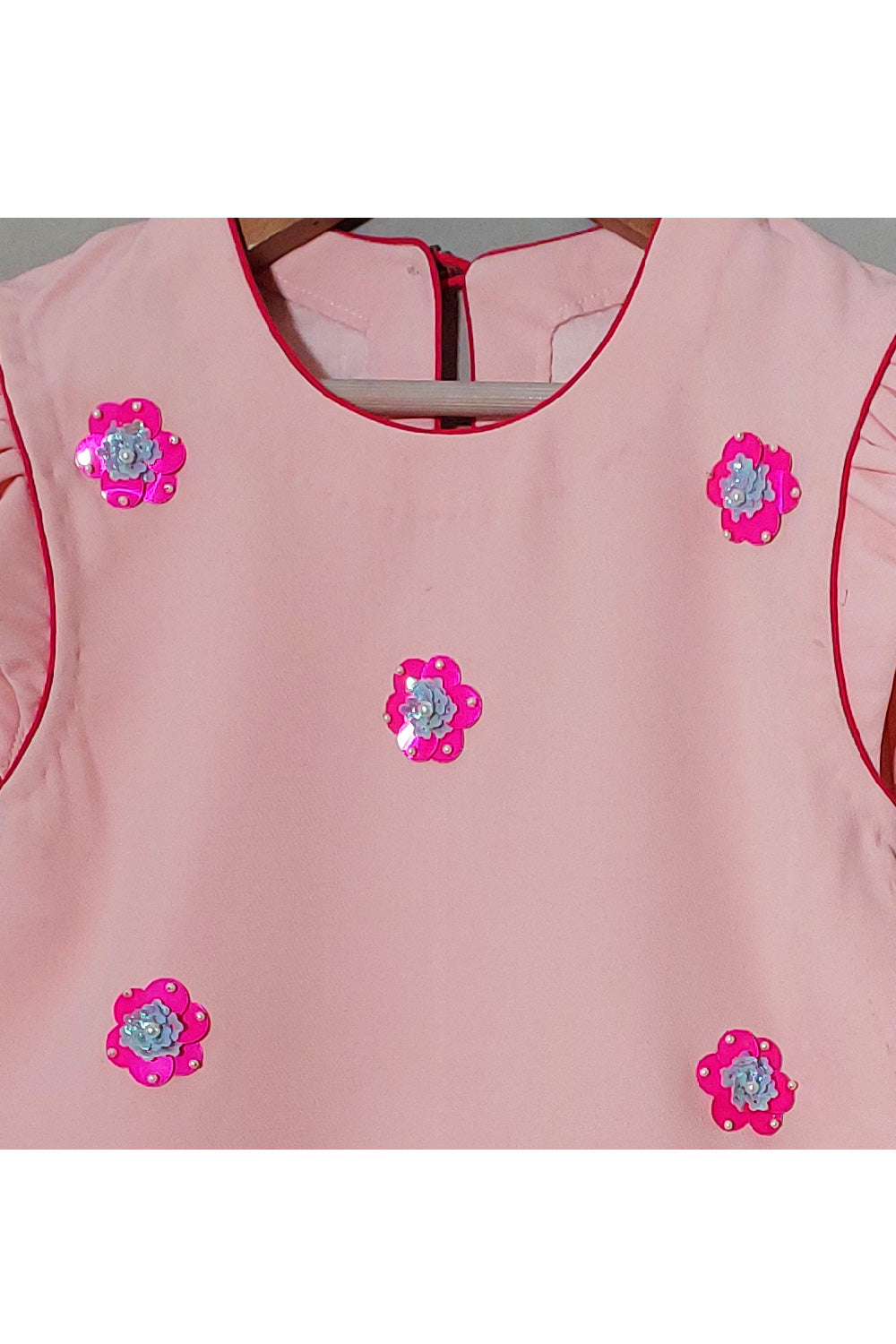 Pink Sequins Detailing Flower Crepe Dress With Sling Bag