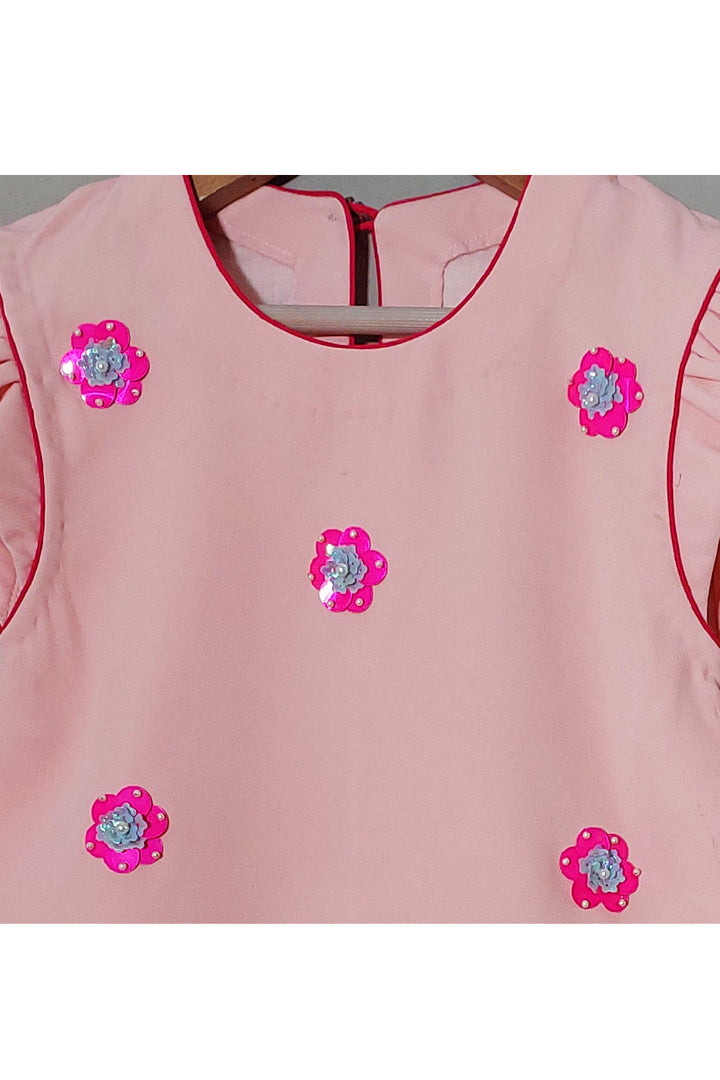 Pink Sequins Detailing Flower Crepe Dress With Sling Bag