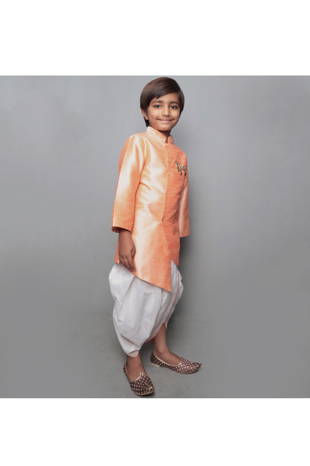 Peach horse embroidered sherwani and dhoti set