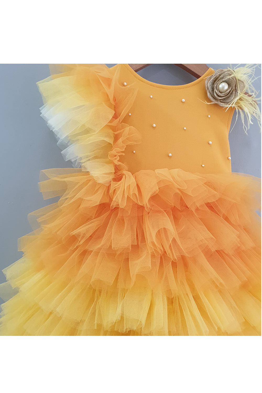 Mustard yellow pearl embellished frill gown
