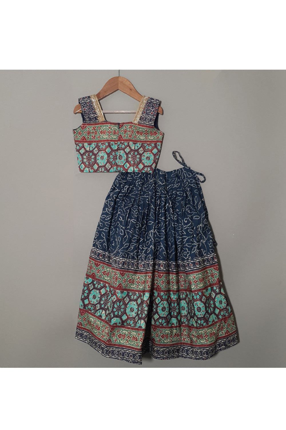 Dark Blue Printed Lace Detailing Sleeveless Top With Lehenga And Shrug Set