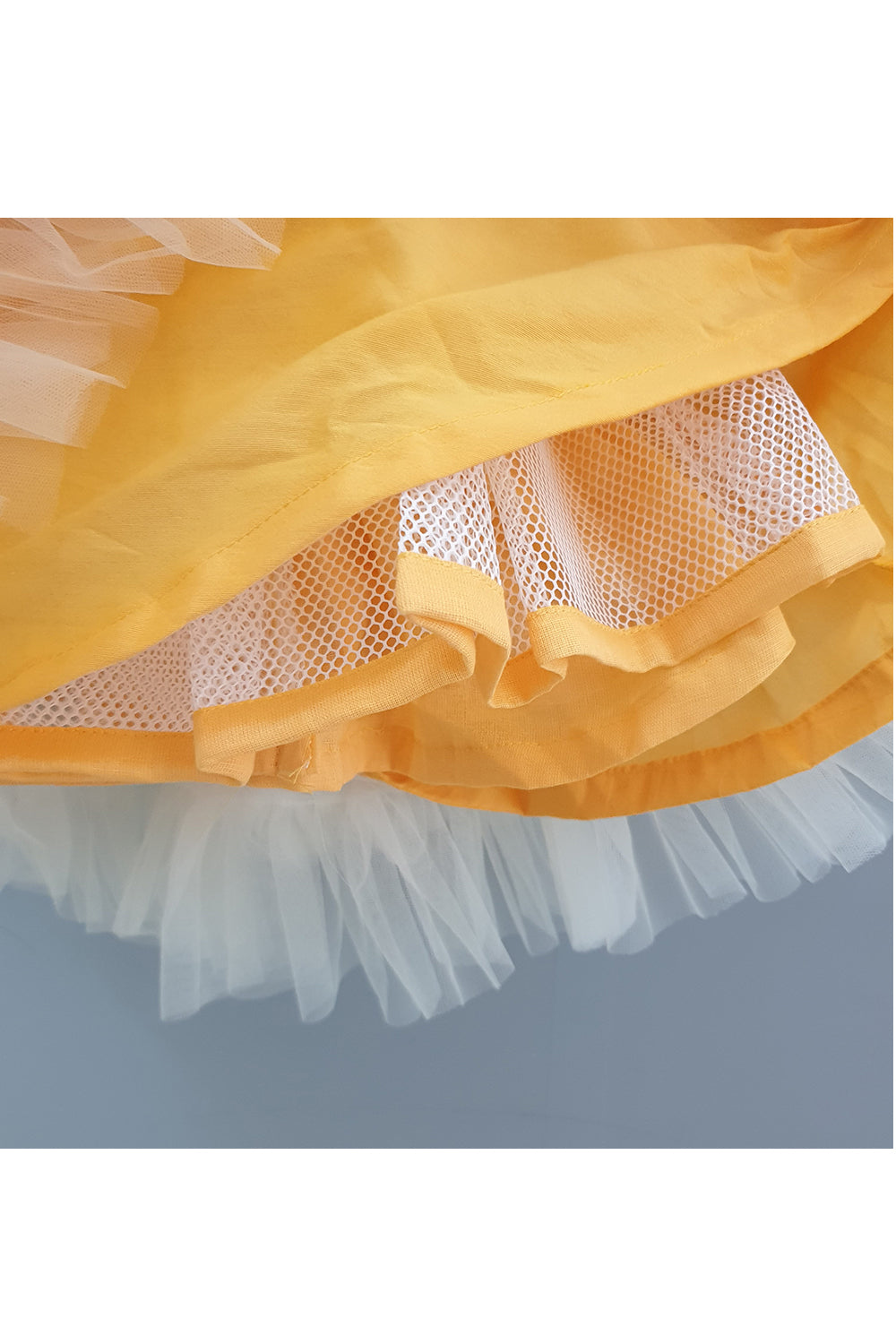 Mustard yellow pearl embellished frill gown